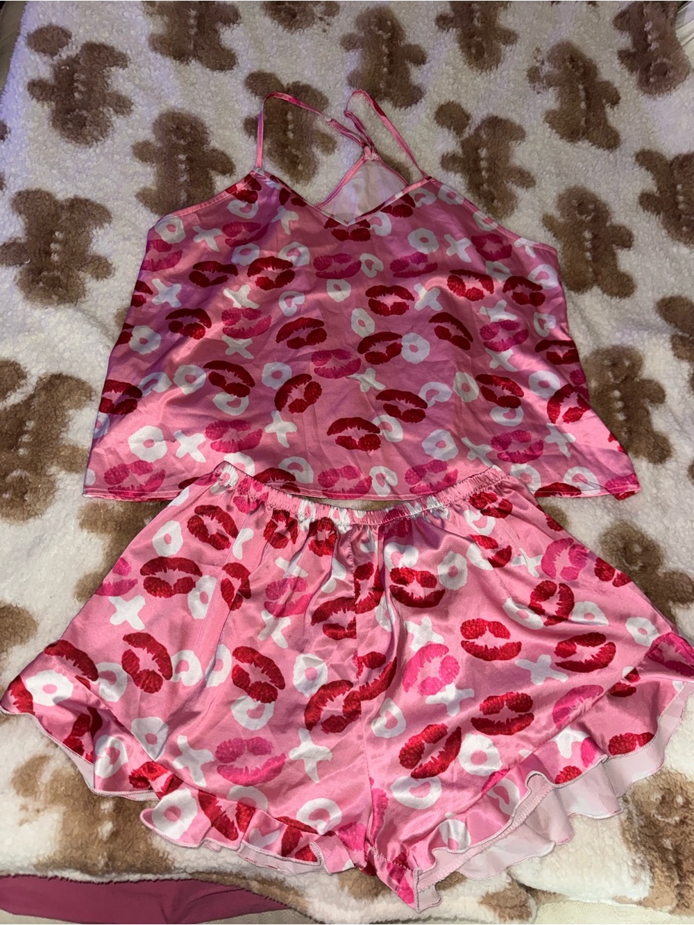 SHEIN Pink Satin Kiss & XO Print Cami and Short Pajama Set